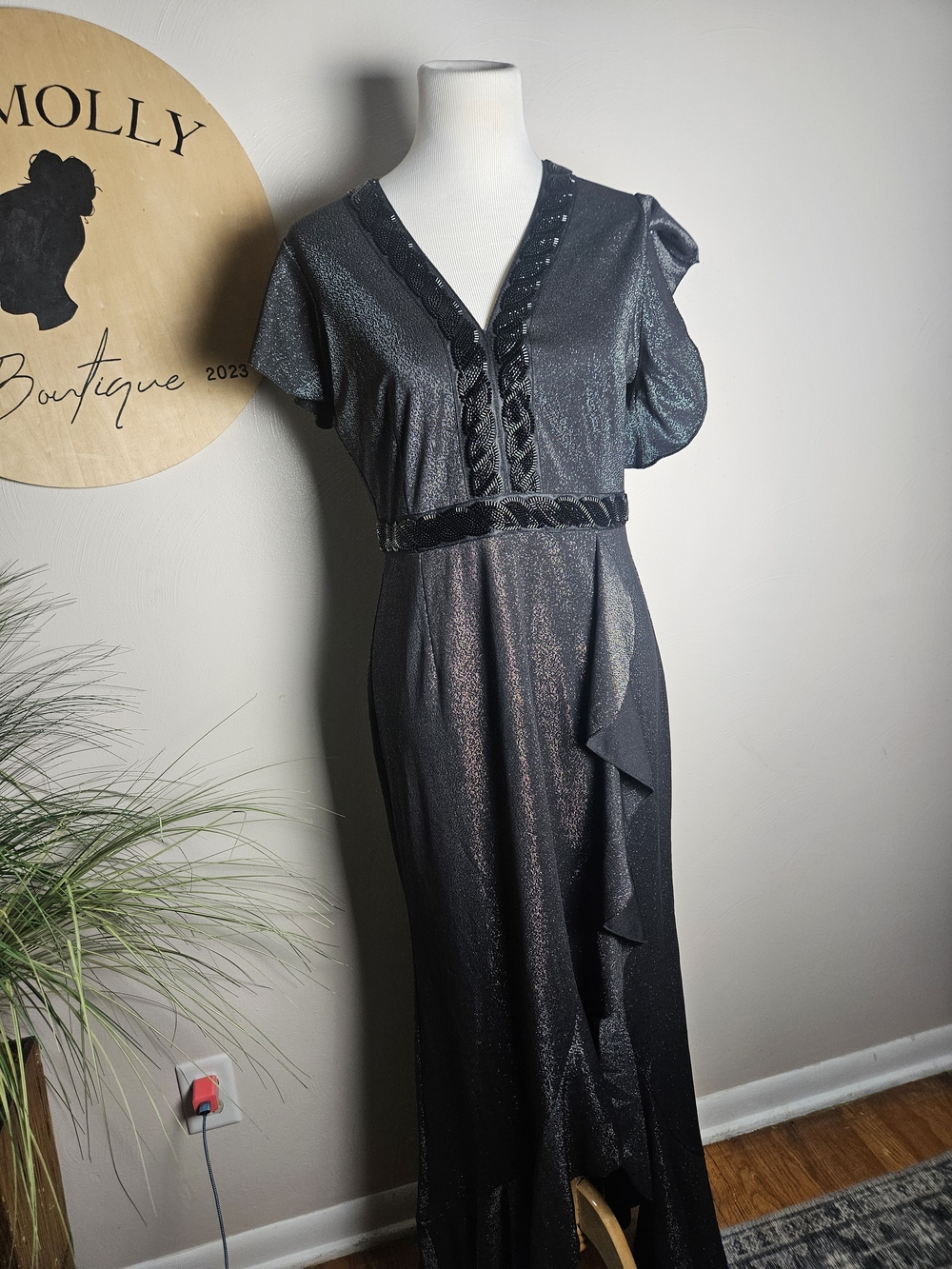 Black Shimmer V-Neck Maxi Dress with Waist Detail
